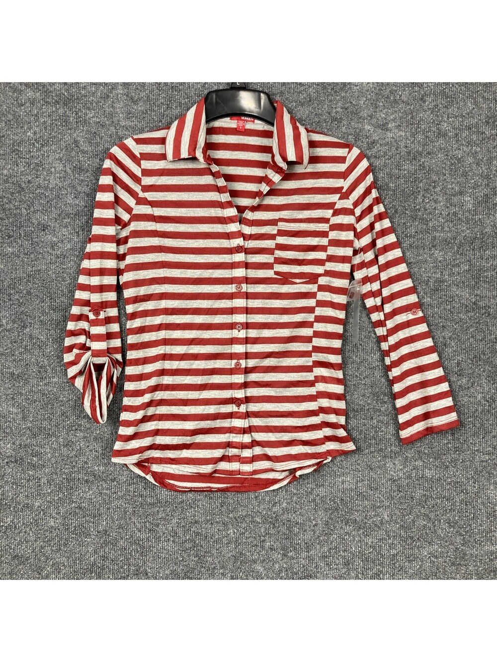 Bongo Junior Size Small Red & Gray Striped Fitted Button Collar Pocket Shirt NWT